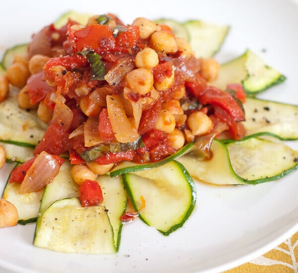 baked zucchini noodles with homemade arrabiata sauce and chickpeas