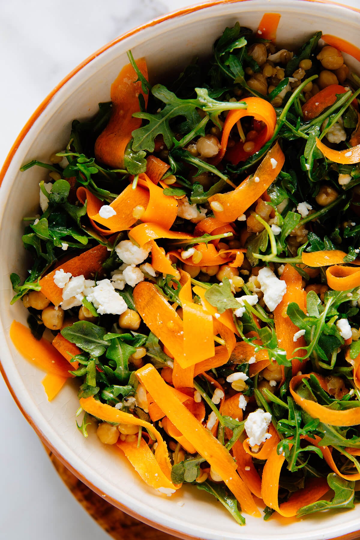 wheat berry salad with carrots, chickpeas, arugula and feta