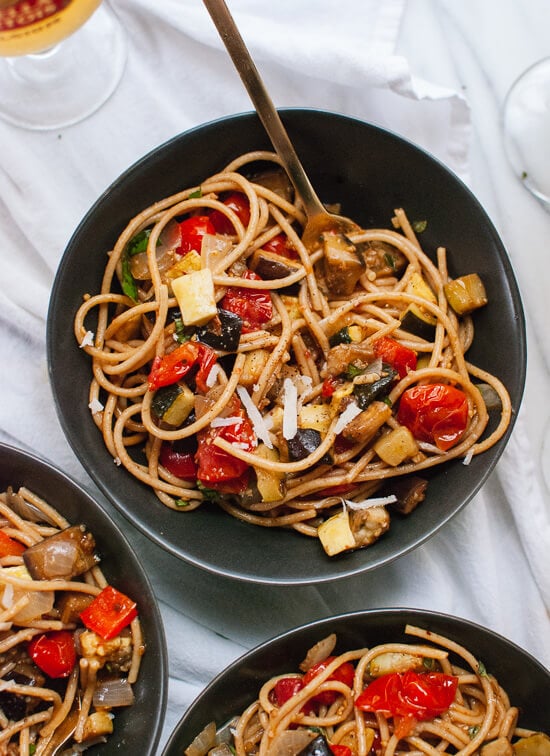 A simple, vegetarian summer meal of roasted ratatouille and spaghetti! - cookieandkate.com